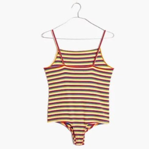 NEW Women's Madewell Rainbow Stripe Ribbed Thong Bodysuit, Size XS and XXS - Red - Picture 4 of 9